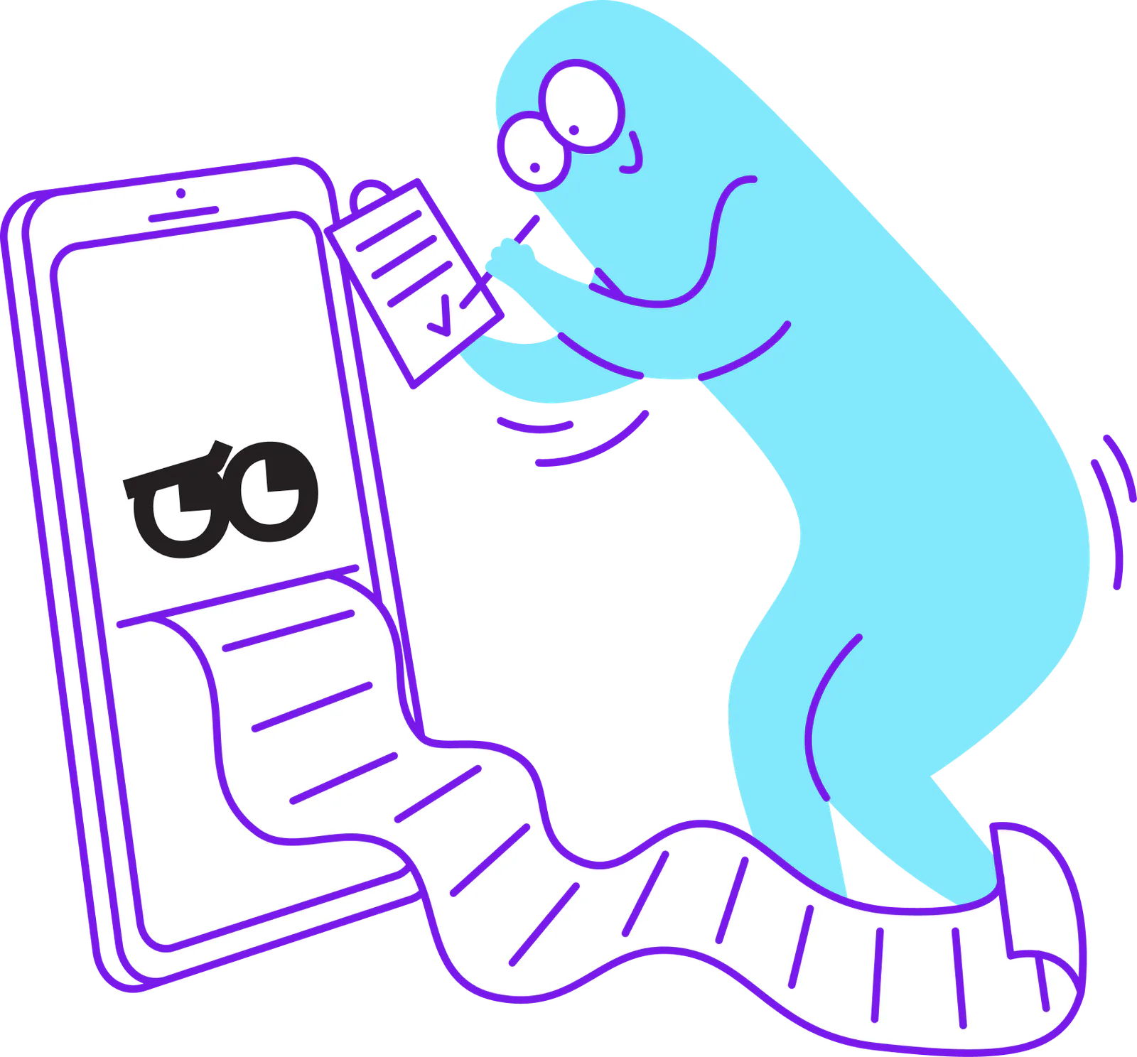 Max the alien ticking off a clipboard as data streams from a phone